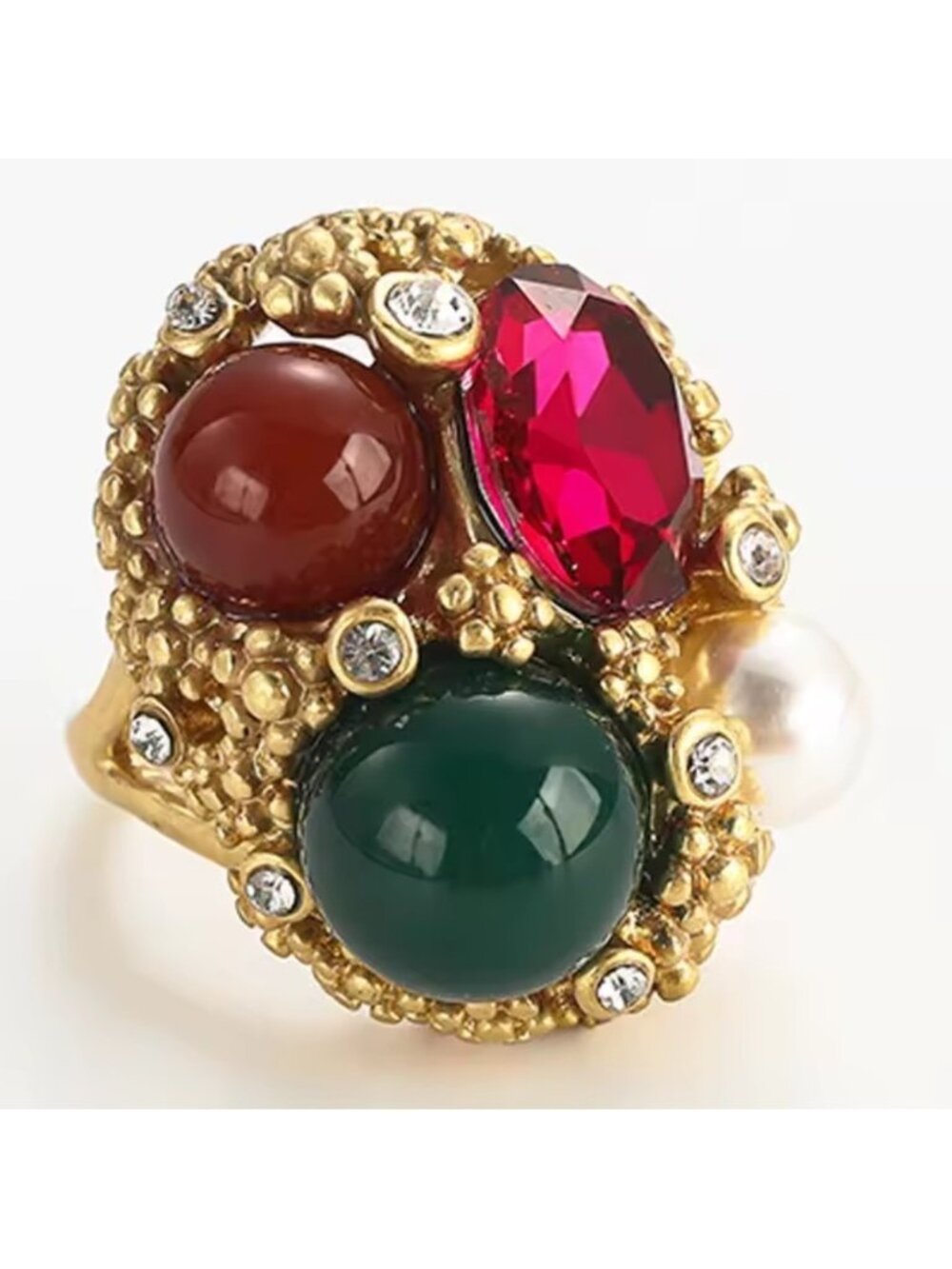 Opulent Collector’s Gem Ring Rare Ruby, Jade & Pearl in Ornate Gold Design - Picture 6 of 11